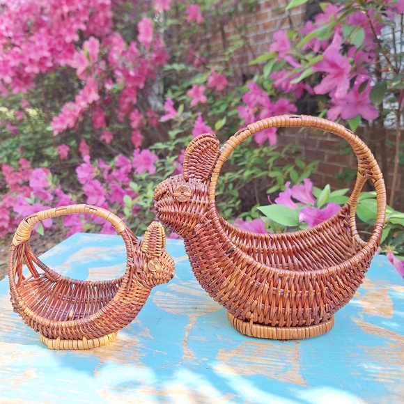 2 Vintage Wicker Basket Art Bunny Rabbit Woven Basket Animal Boho Easter Decor - Picture 9 of 16